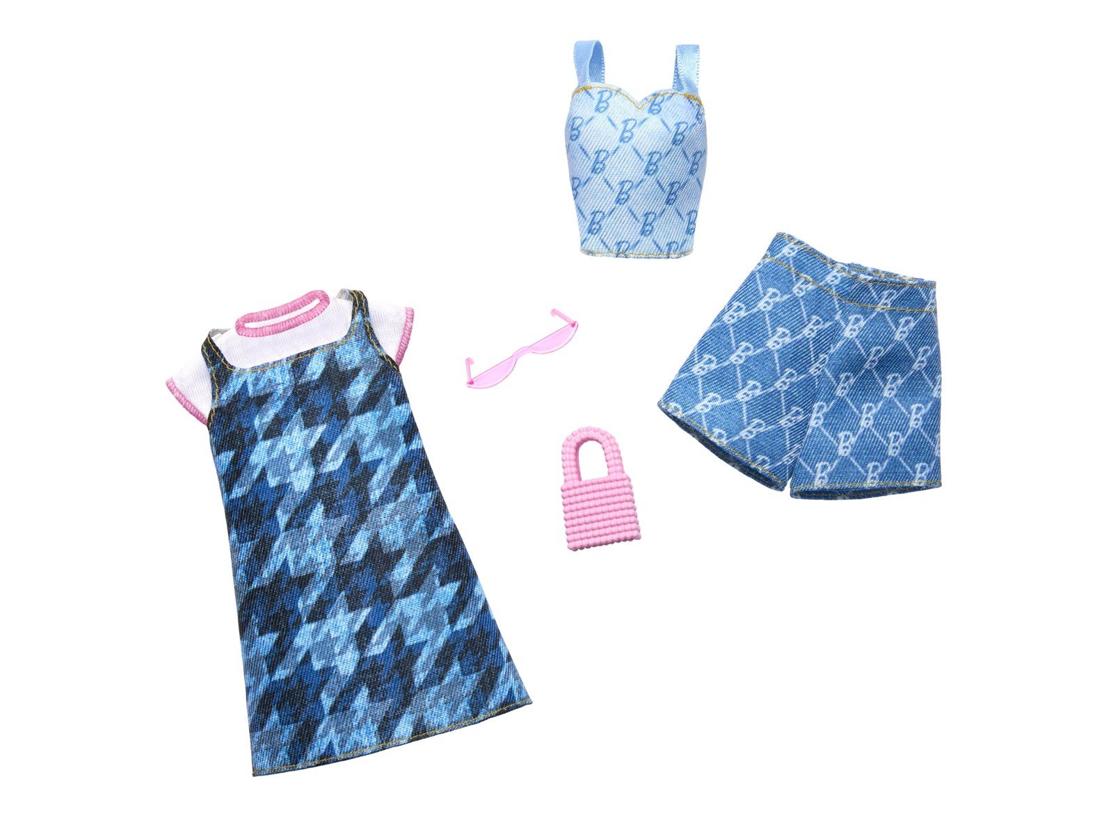 Barbie Fashion 2-Pack Blue Denim Dress Top And Shorts Pink Sunglasses And Purse Barbie Fashion 2-Pack Blue Denim Dress Top And Shorts Pink Sunglasses And Purse